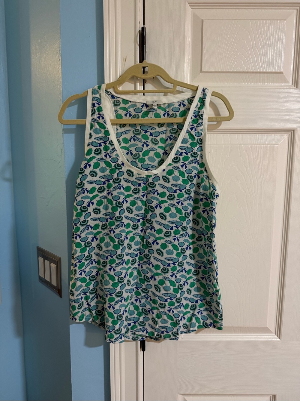 Joie White Silk Tank Top with Green and Blue Umbrella Print
